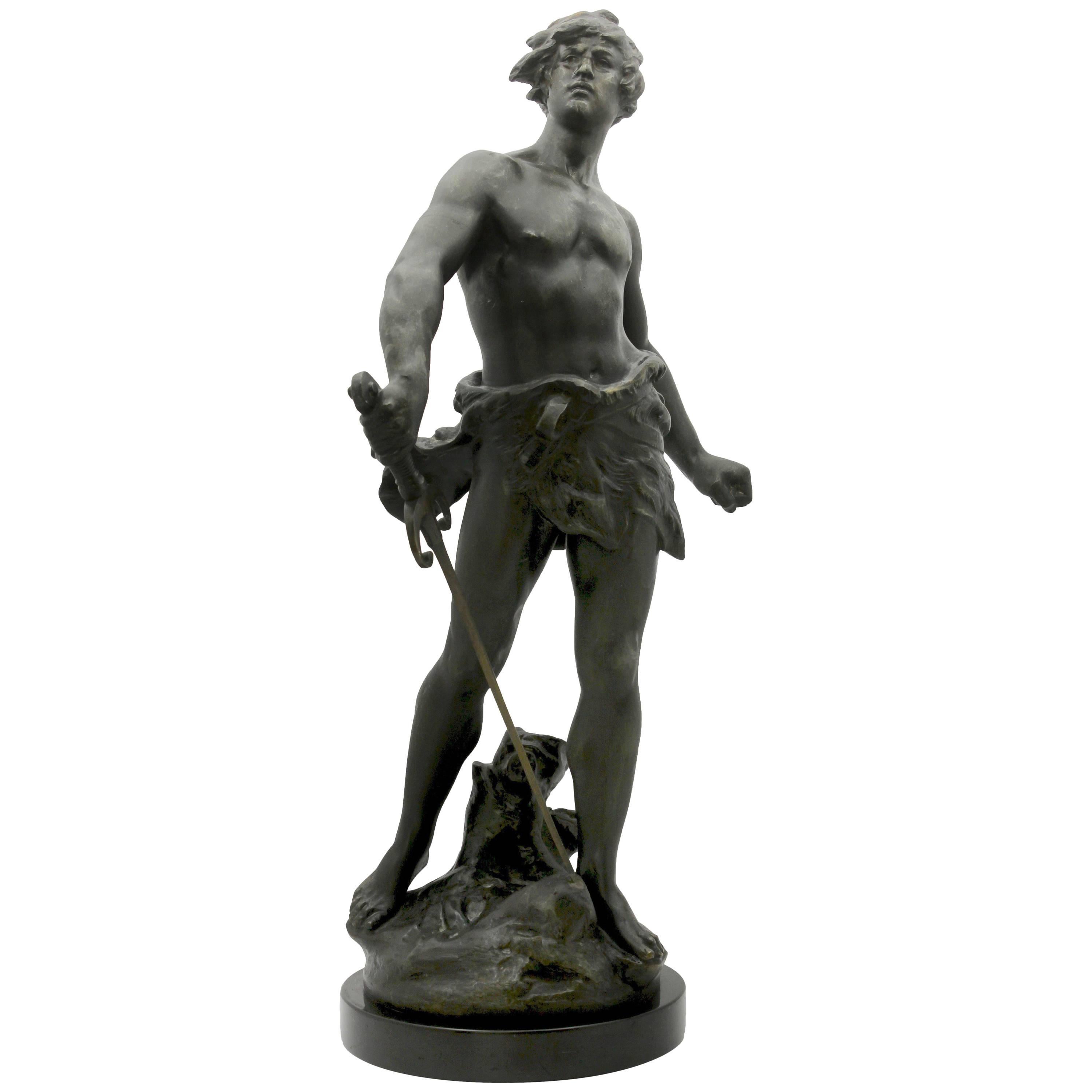 Louis Moreau Signed Statue of Young Soldier with Sword, Spelter, Marble, 1900s