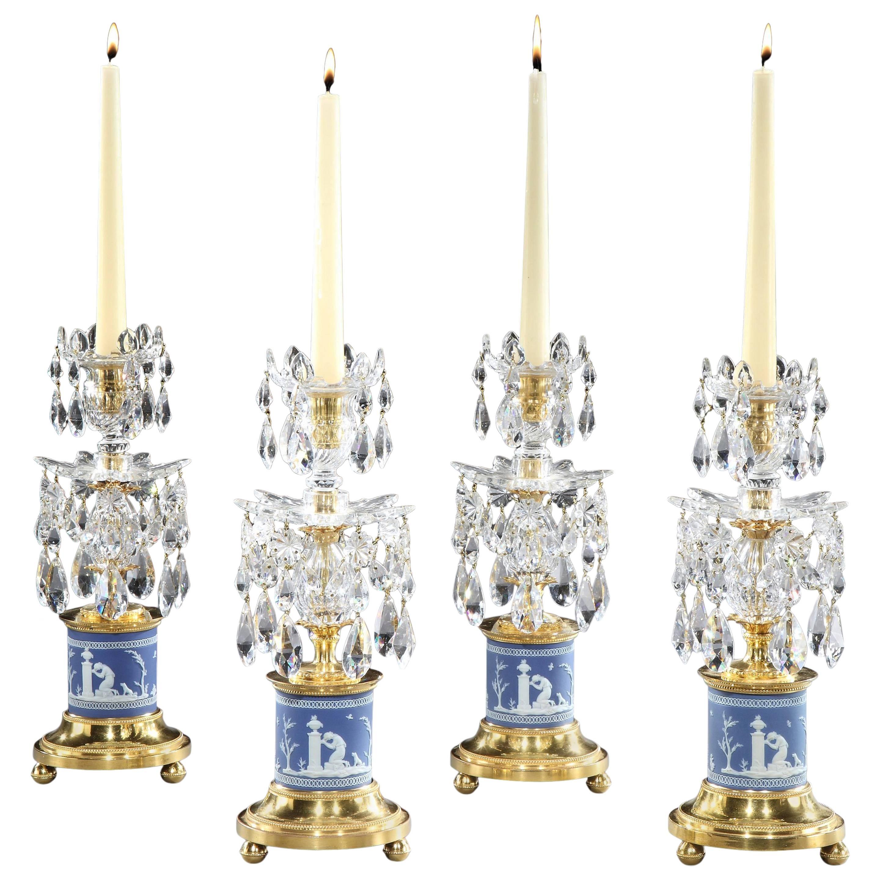 Set of Four George III Wedgwood Jasper Candlesticks For Sale