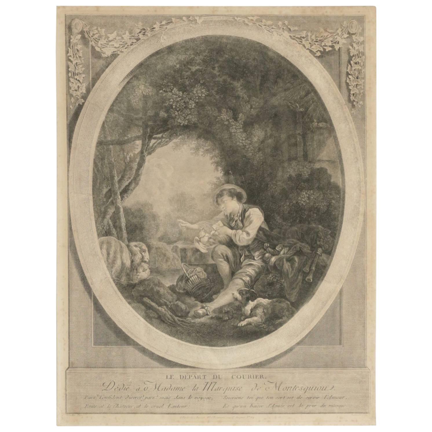 Steel Engraving from the 19th Century “Le Depart Du Courier” For Sale