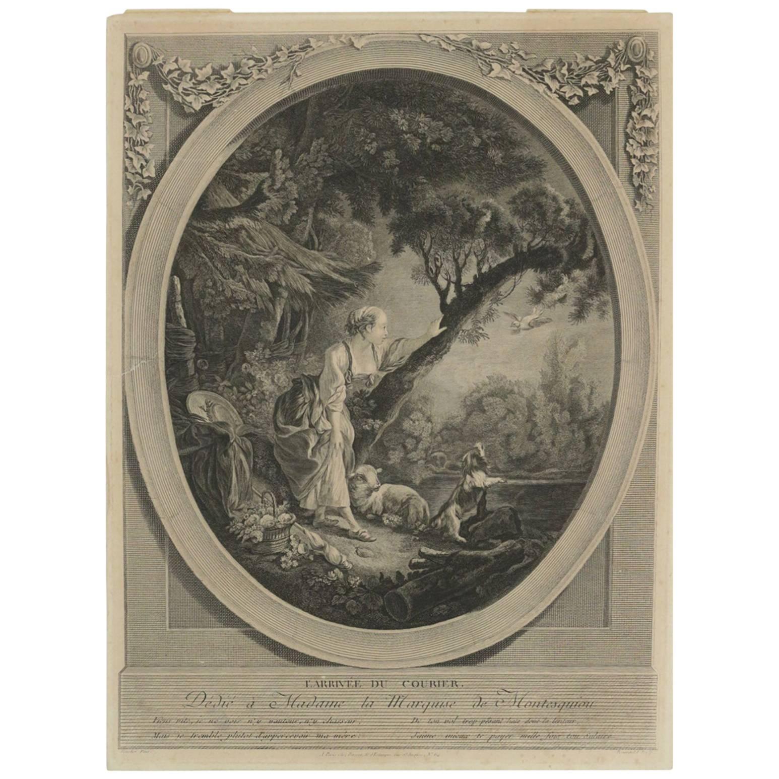 Romantic Steel Engraving from the 19th Century L’arrive Du Courrier. For Sale