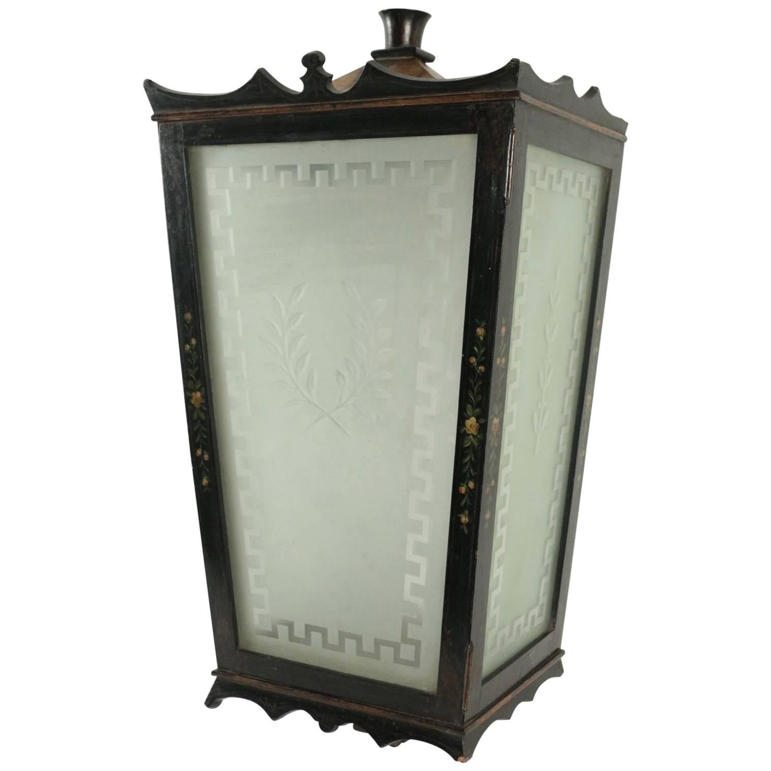 Painted Wooden Lantern with Etched Glass, circa 1940
