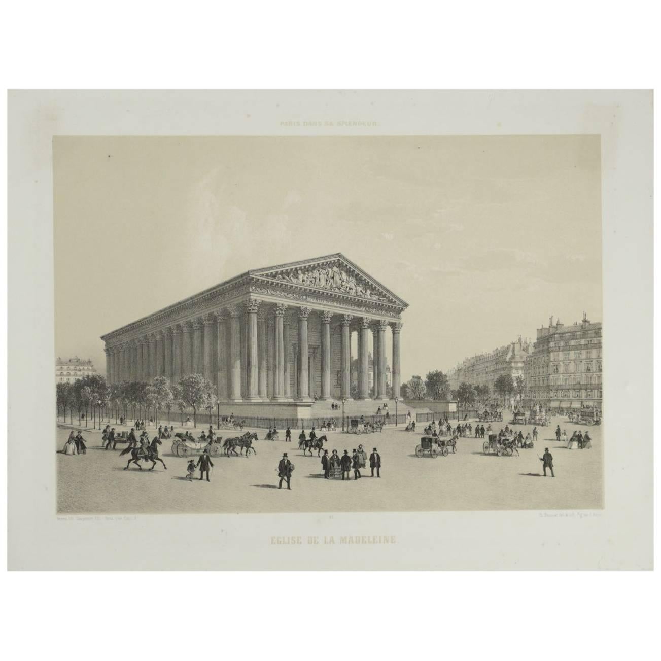 Lithograph Engraving ‘Paris in her Splendor’ Church of the Madeleine