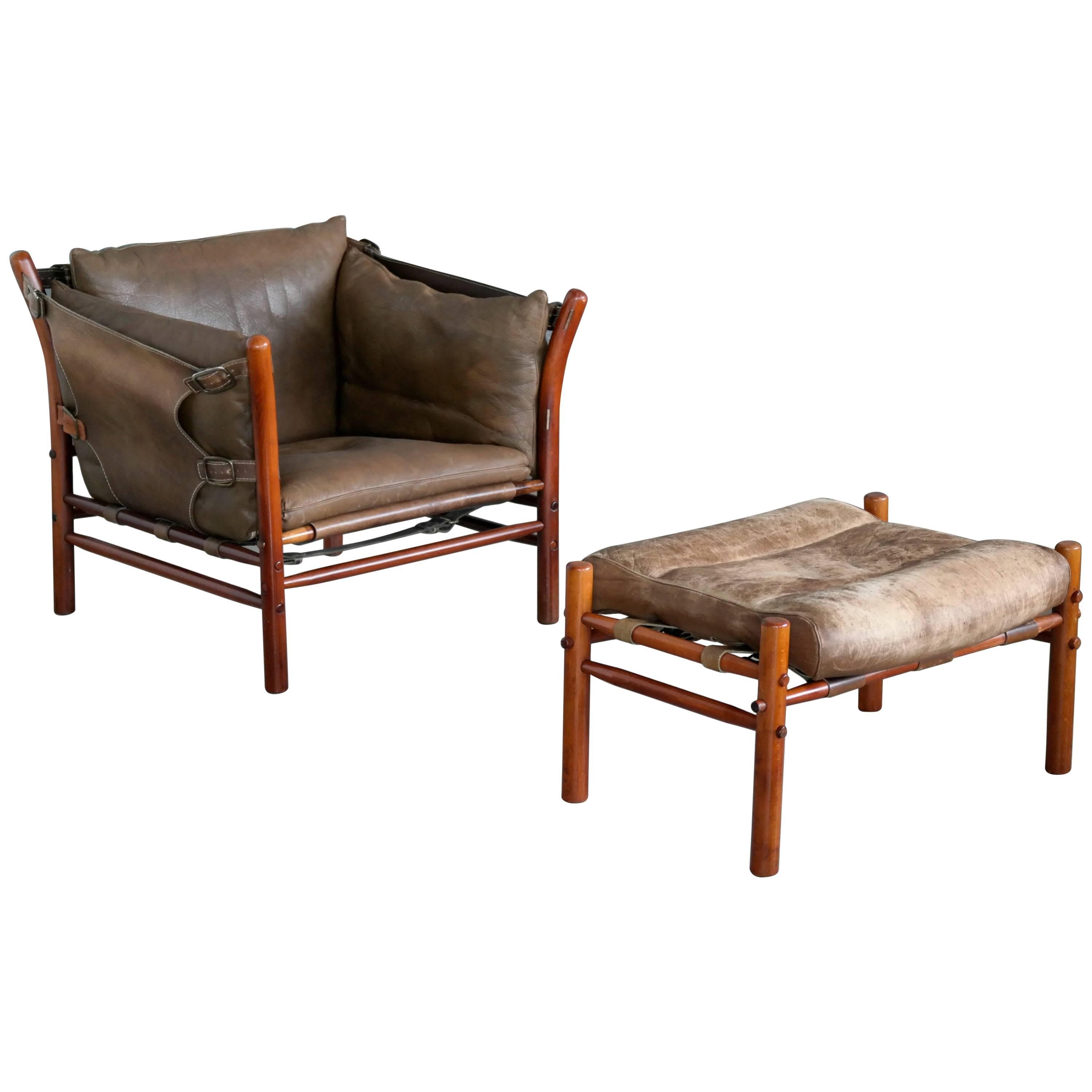 Arne Norell Safari Chair and Ottoman Model Ilona in Brown Leather and Beech