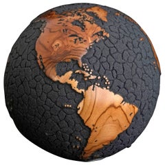 Contemporary Teak Root Globe with Volcanic Sand and Cracked Ocean Finish, 20cm