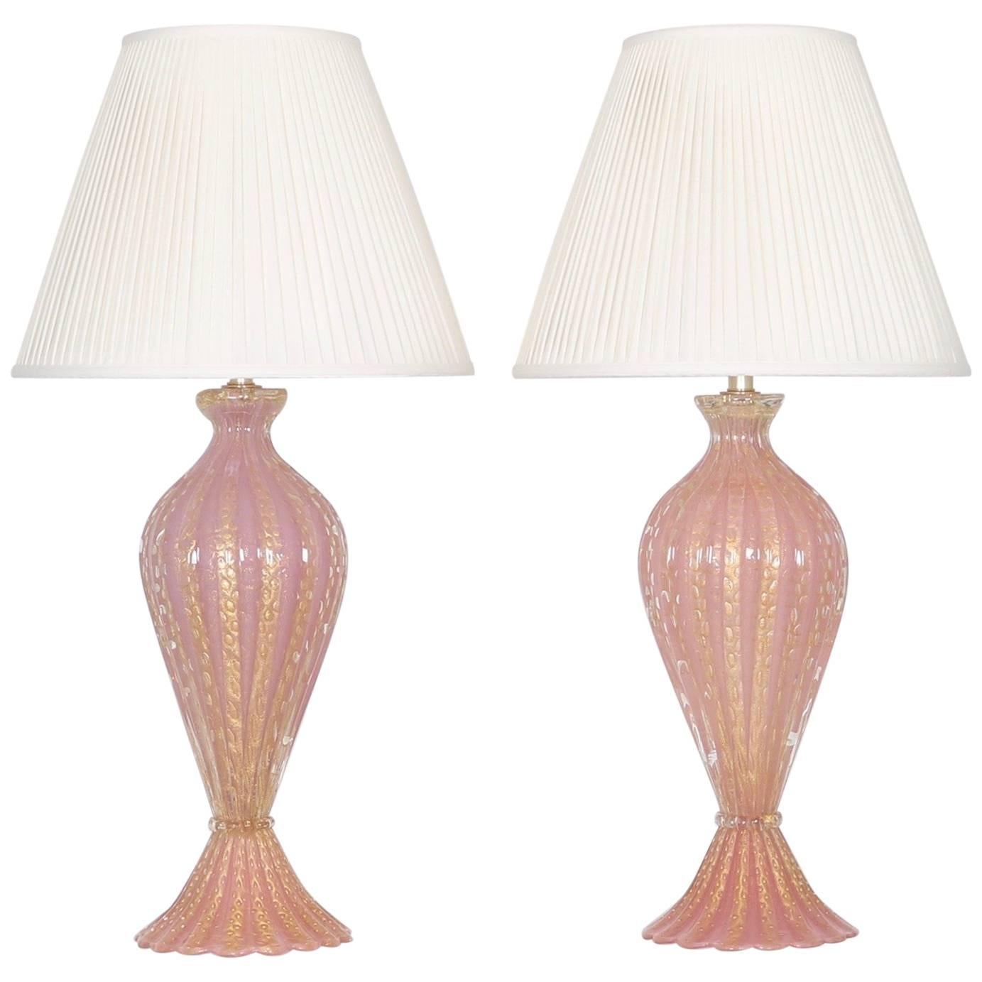 Large Hollywood Regency Pink and Gold Barovier Murano Glass Lamps