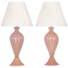 Large Hollywood Regency Pink and Gold Barovier Murano Glass Lamps