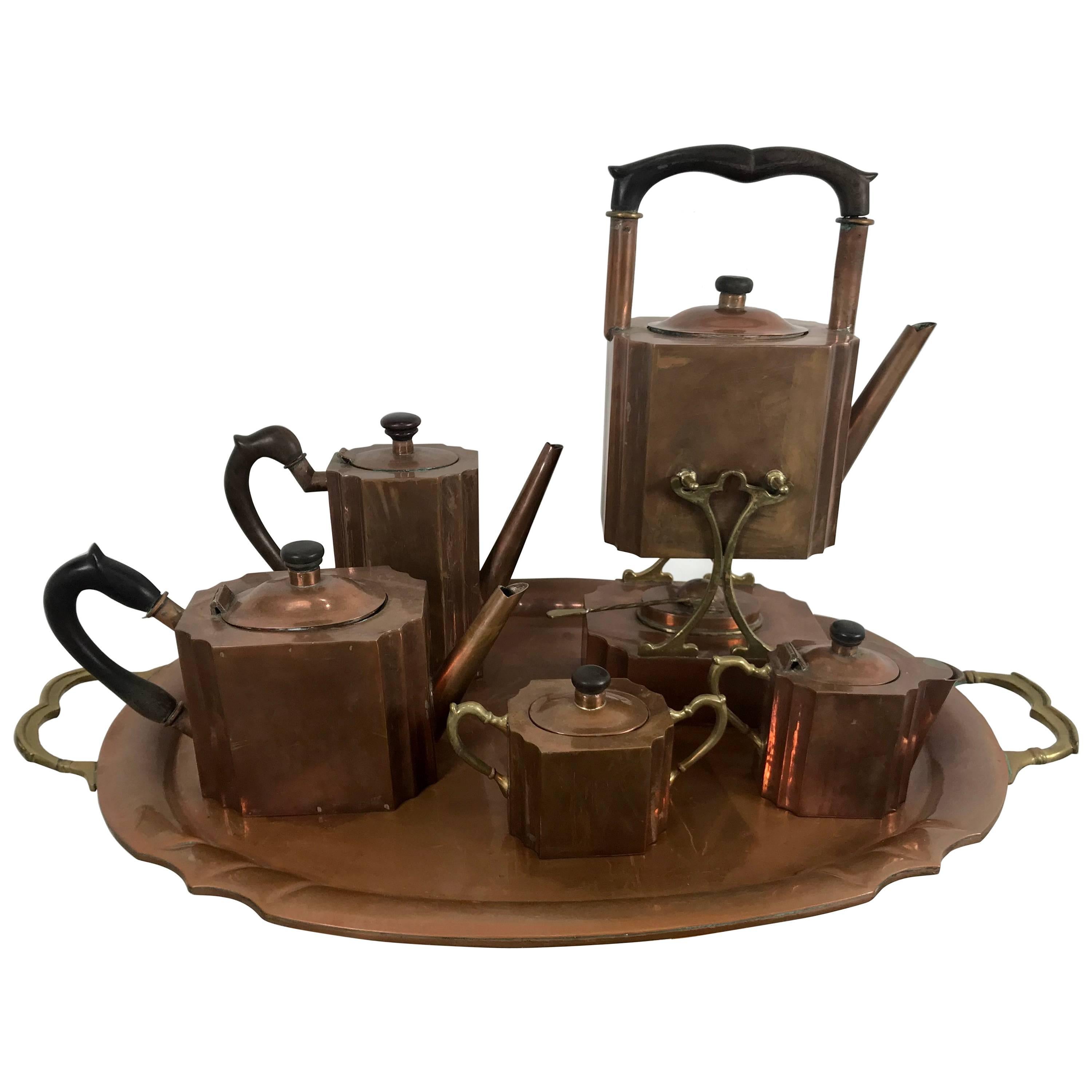 Stylized Six-Piece Art Deco Copper Tea and Coffee Set Creamer, Sugar Tray