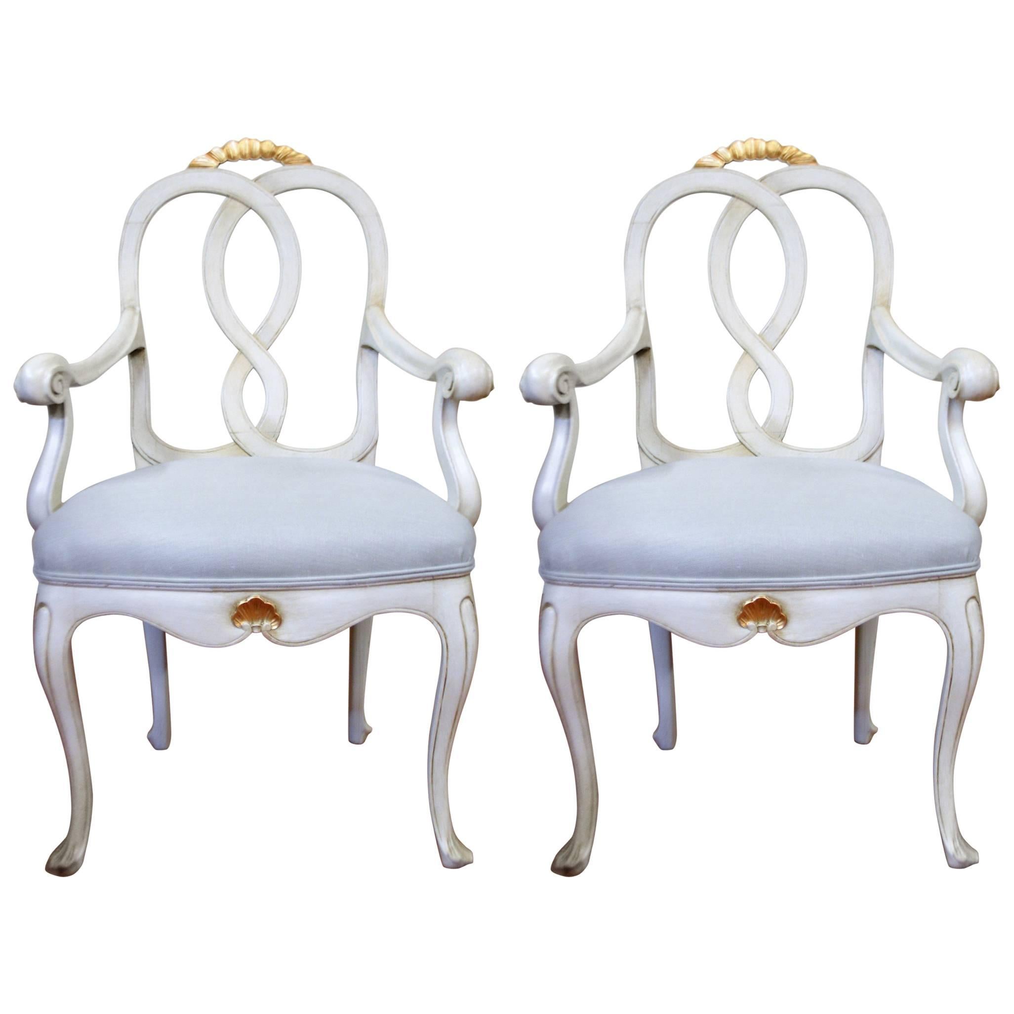 Pair of Louis XV Style Painted Armchairs Upholstered in a Belgium Linen Fabric