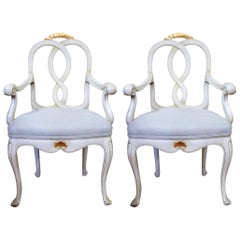 Pair of Louis XV Style Painted Armchairs Upholstered in a Belgium Linen Fabric