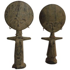 Pair of African Asante Akua’ba Fertility Dolls with Glass Beads Adornments