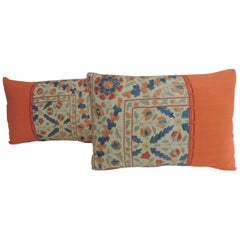 Pair of 1940s Embroidery Floral Vintage Suzani Bolster Decorative Pillows