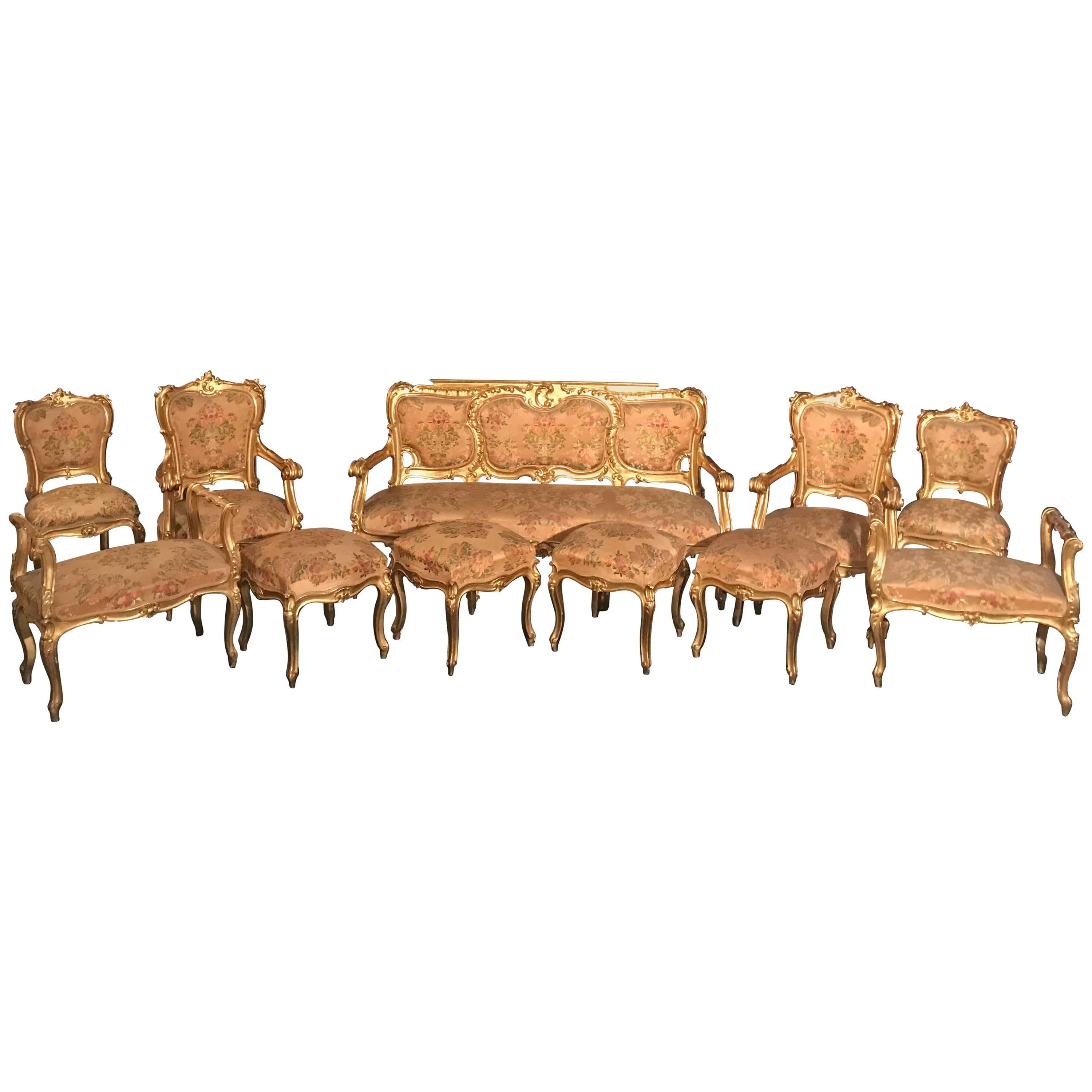 Extraordinary Italian Eleven Piece Gilt Salon Living Room Suite, 19th Century