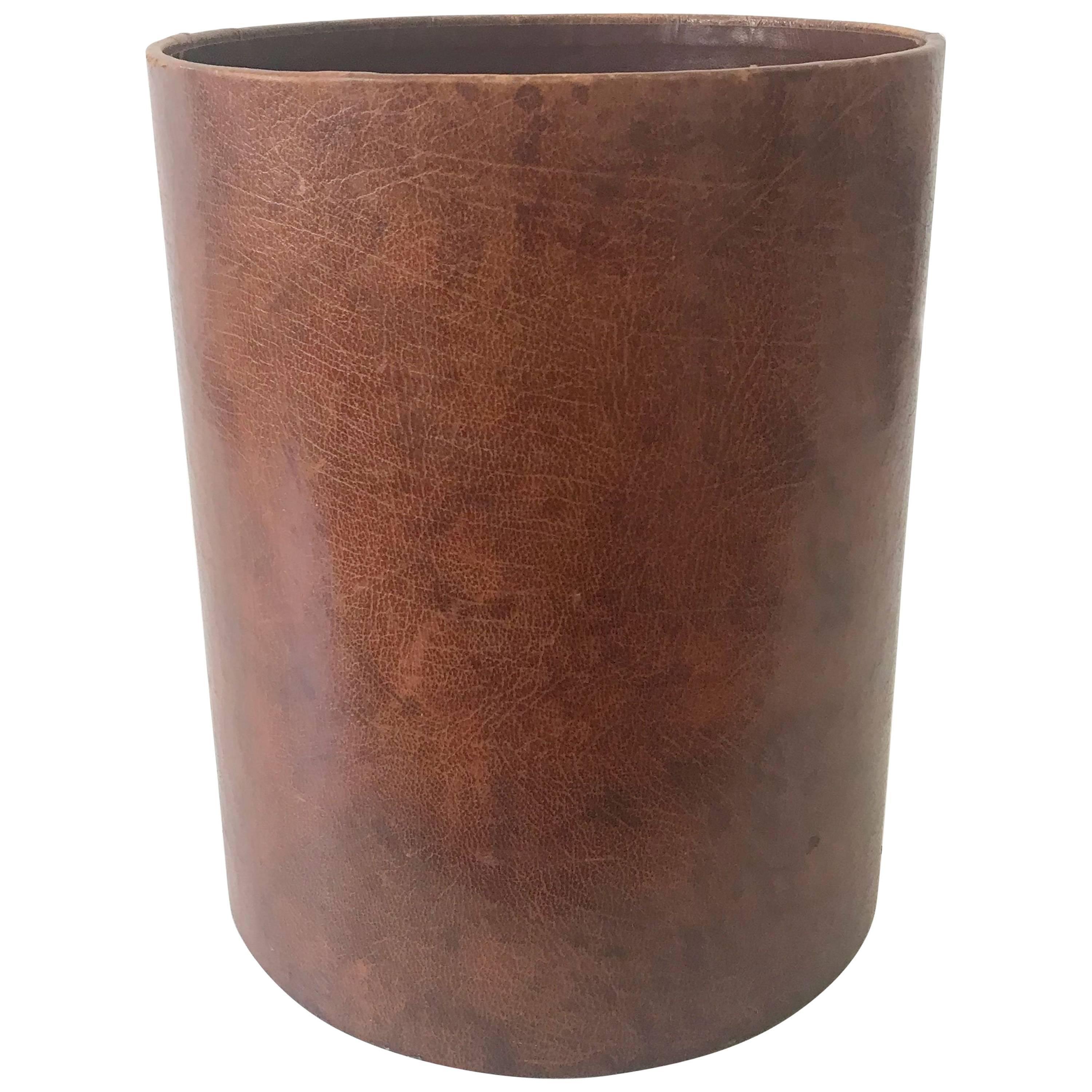Leather Waste Paper Basket in the Style of Carl Auböck, 1950s