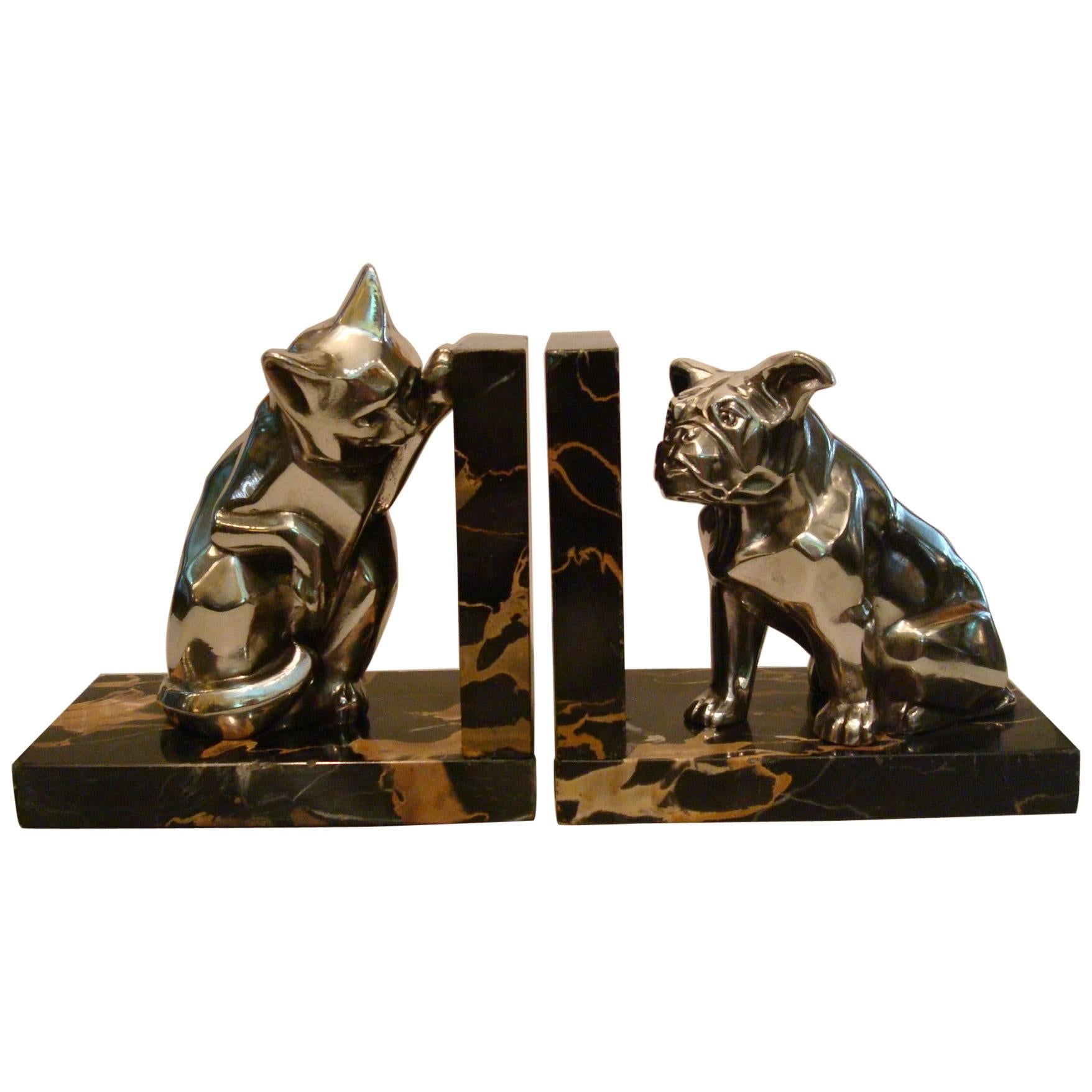 French Art Deco Cat and Bulldog Bookends by Irénée Rochard, 1930