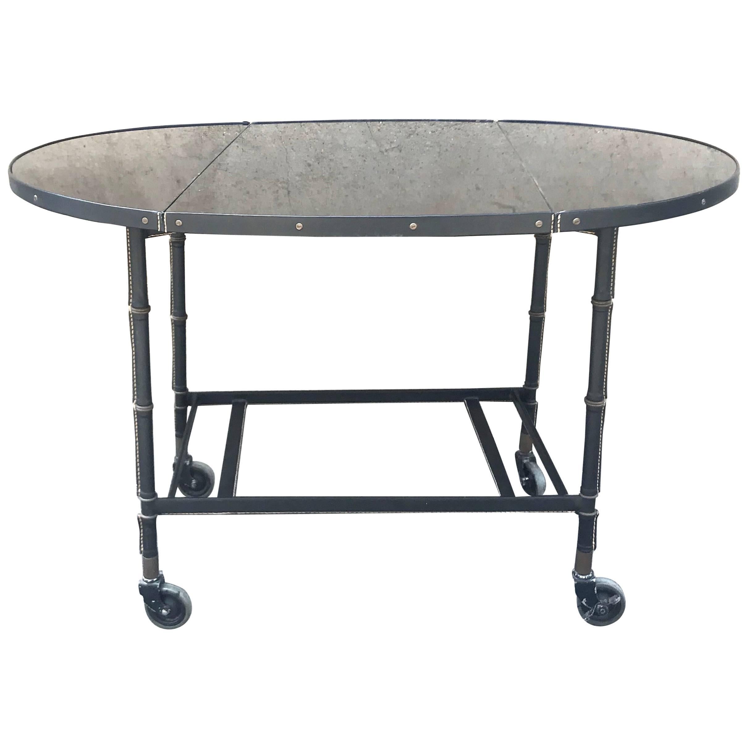 Rare French 1950s Jacques Adnet Stitched Leather Tea Table For Sale
