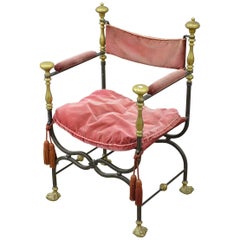 Antique Flamand Style Curule Armchair in Brass and Velvet, circa 1900