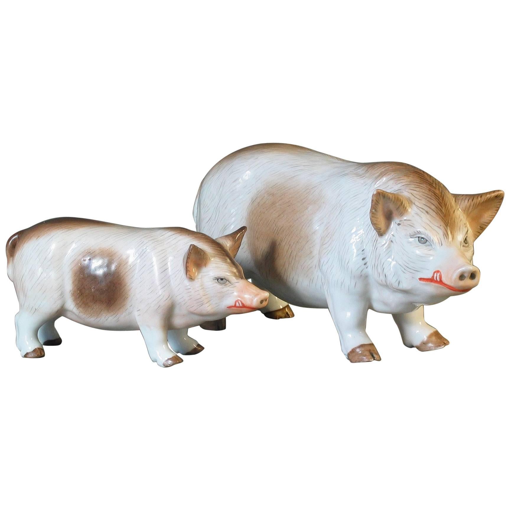 Group of Two Rare Meissen Style Porcelain Figures of Pig Sow and Piglet For Sale