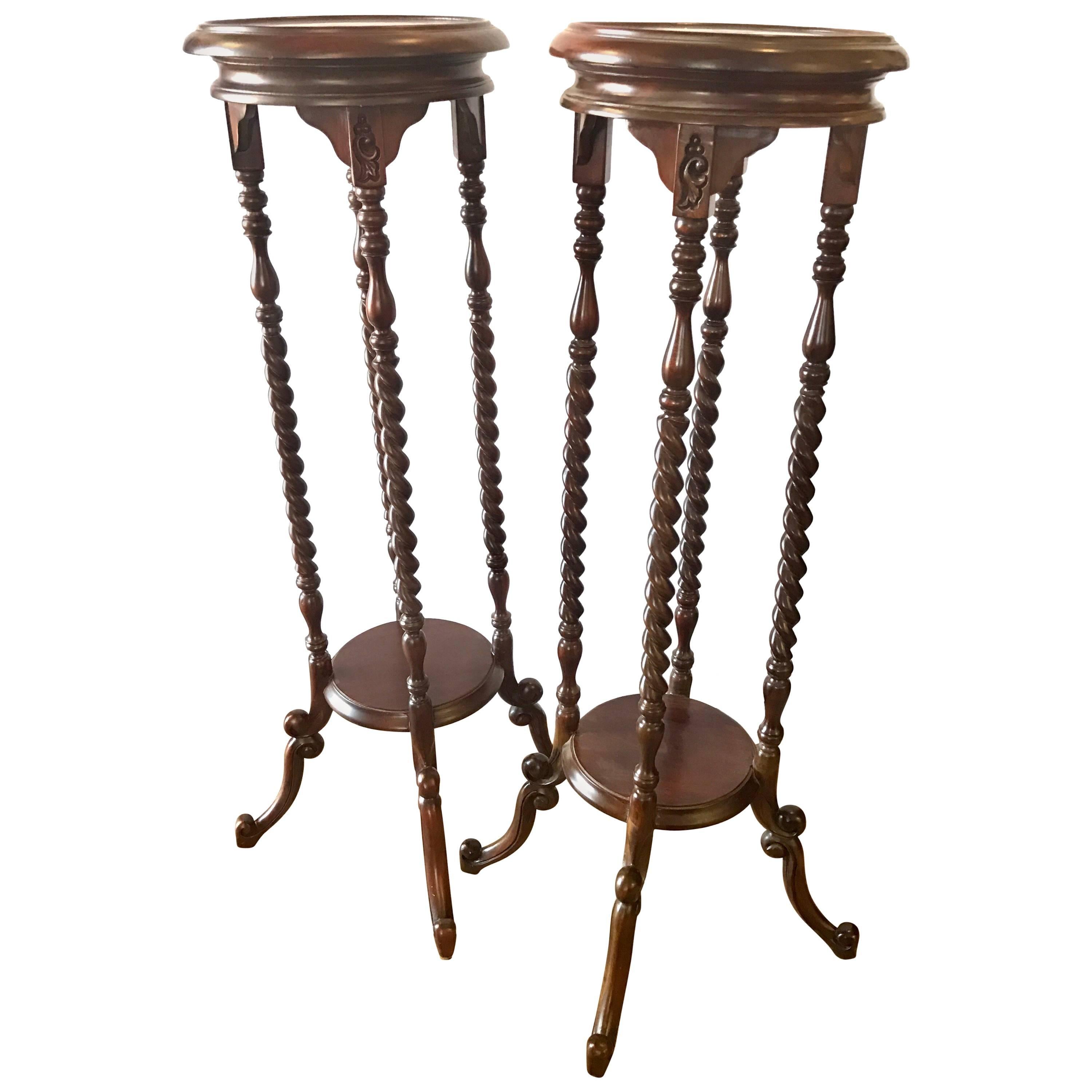 Pair of Carved Mahogany Plant Pedestal Stands Display Columns Torchieres