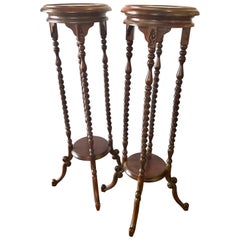 Pair of Carved Mahogany Plant Pedestal Stands Display Columns Torchieres