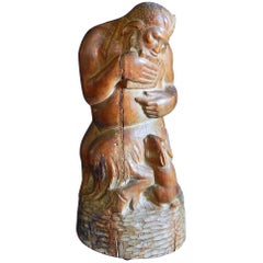 "Sátiro y Conejo", magnífica escultura Art Decó, caoba tallada