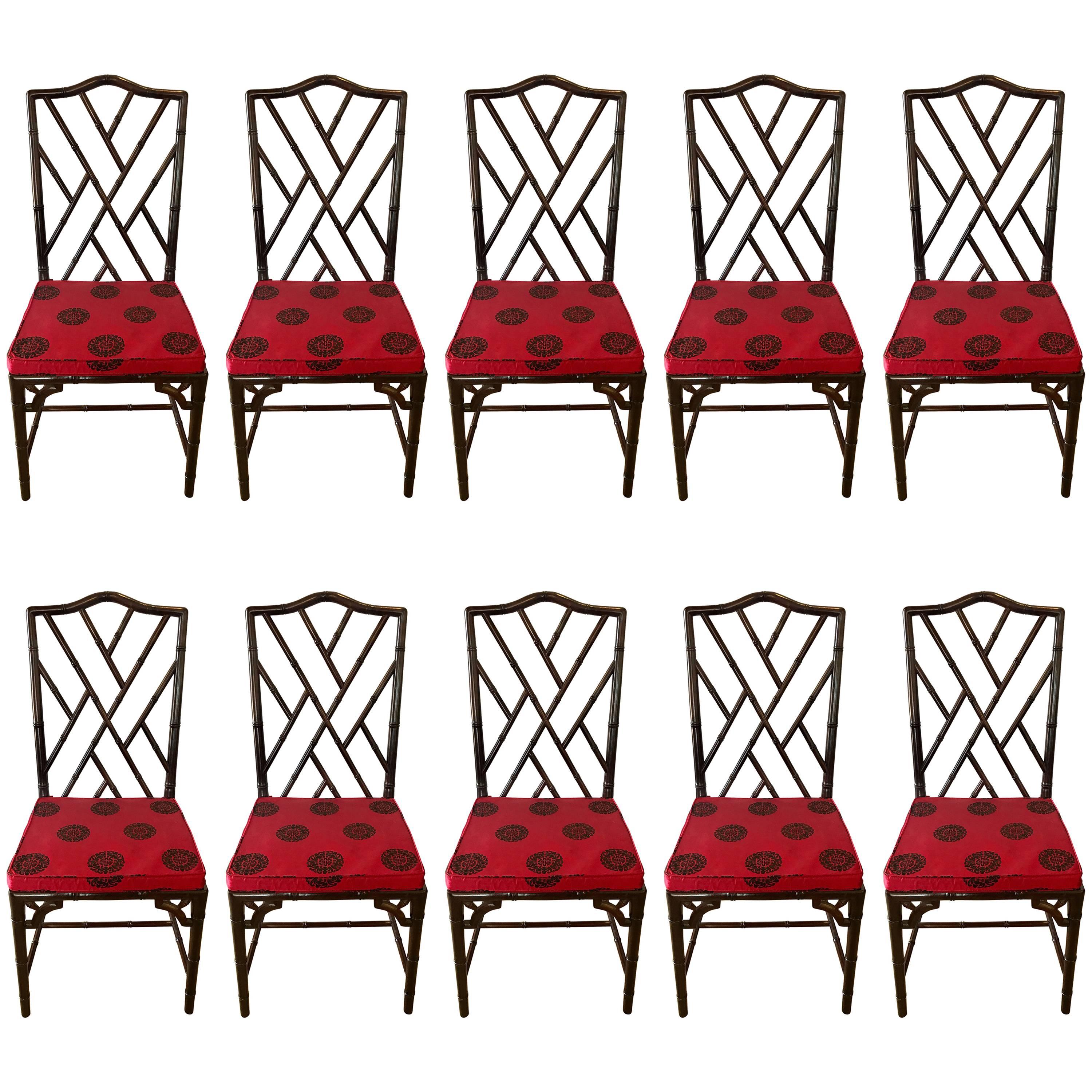 Set of Ten Chinese Chippendale Rosewood Faux Bamboo Dining Chairs