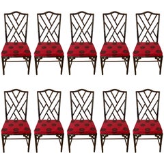 Set of Ten Chinese Chippendale Rosewood Faux Bamboo Dining Chairs