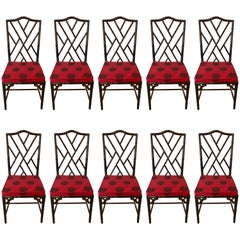 Set of Ten Chinese Chippendale Rosewood Faux Bamboo Dining Chairs