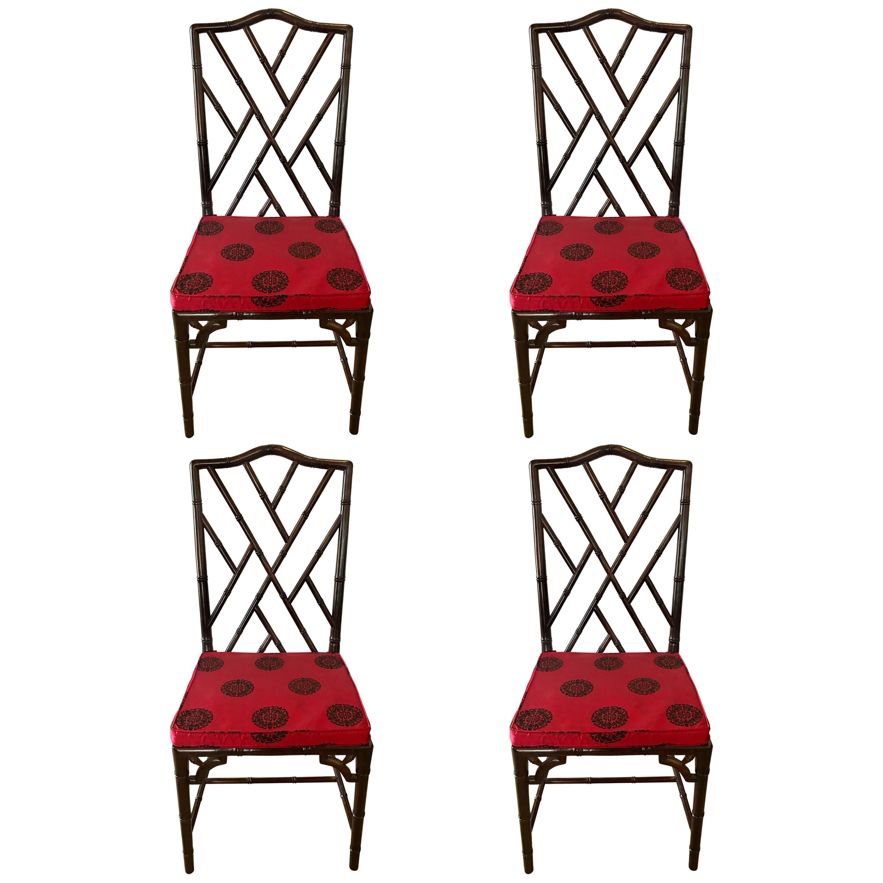 Set of Four Chinese Chippendale Rosewood Faux Bamboo Dining Chairs