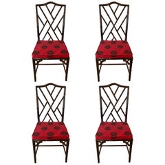 Set of Four Chinese Chippendale Rosewood Faux Bamboo Dining Chairs