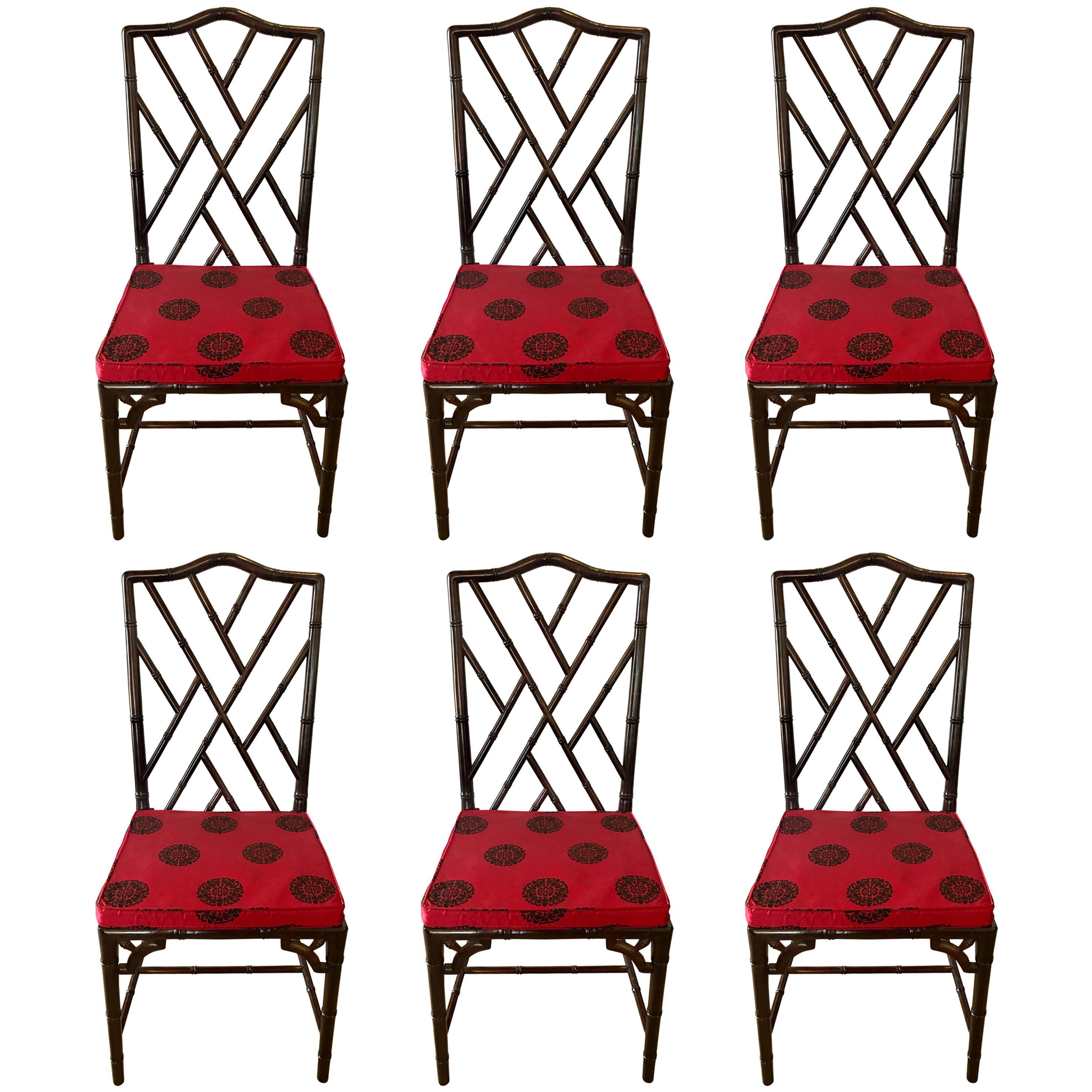 Set of Six Chinese Chippendale Rosewood Faux Bamboo Dining Chairs