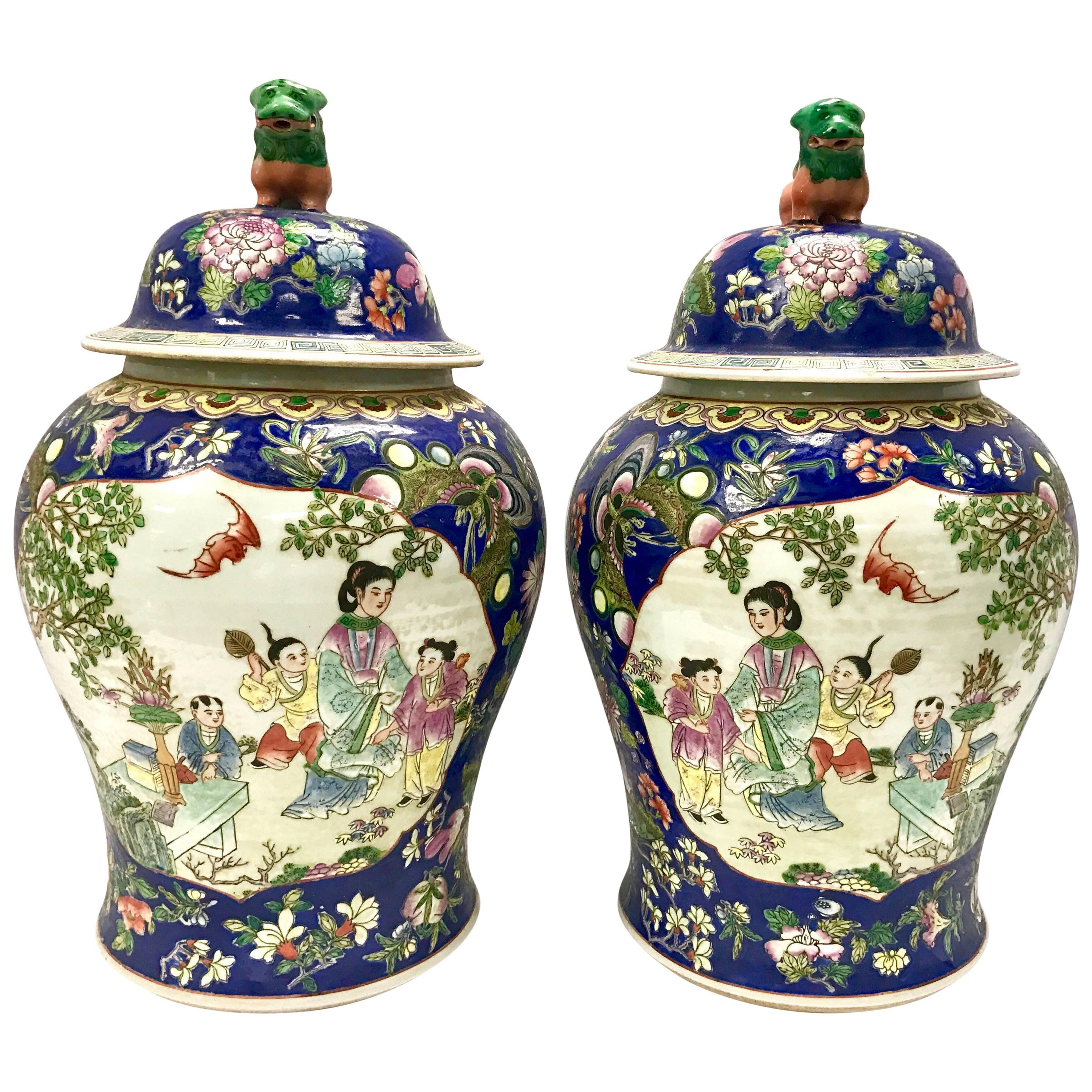 Pair of Large Blue Chinese Jars Urns Vessels with Foo Dogs