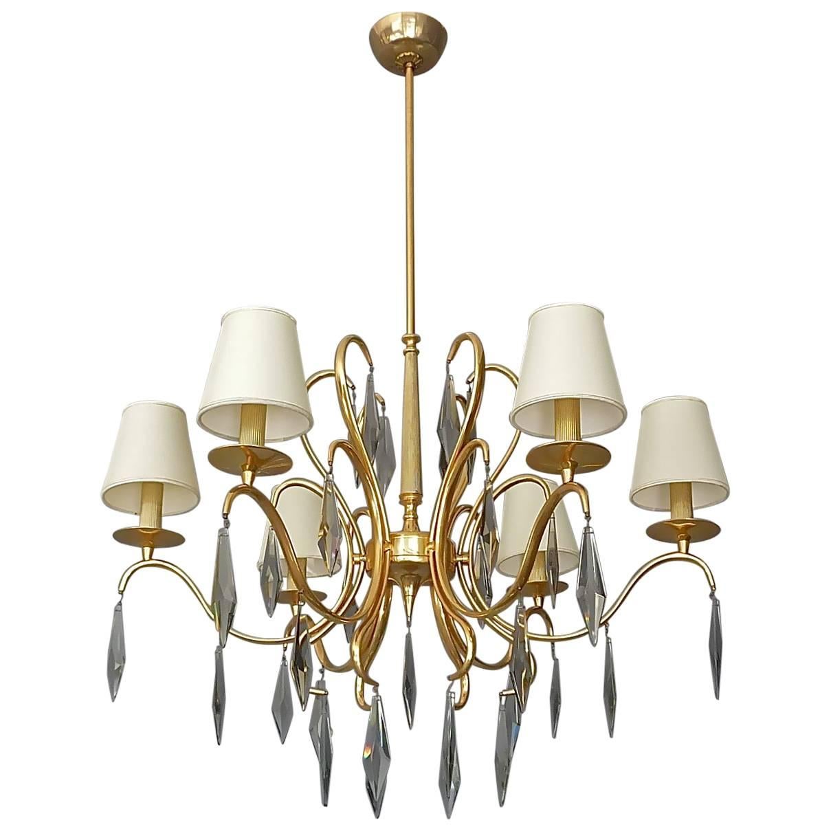 Large Italian Sciolari Chandelier Gilt Brass Faceted Murano Crystal Glass 1970s For Sale