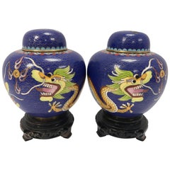 Vintage Pair of Cloisonné Dragon Ginger Jars Urns Vessels on Carved Wood Stands