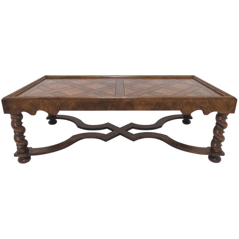 Baker Furniture French Country Coffee Table with Parquetry Top and Carved Legs at 1stDibs