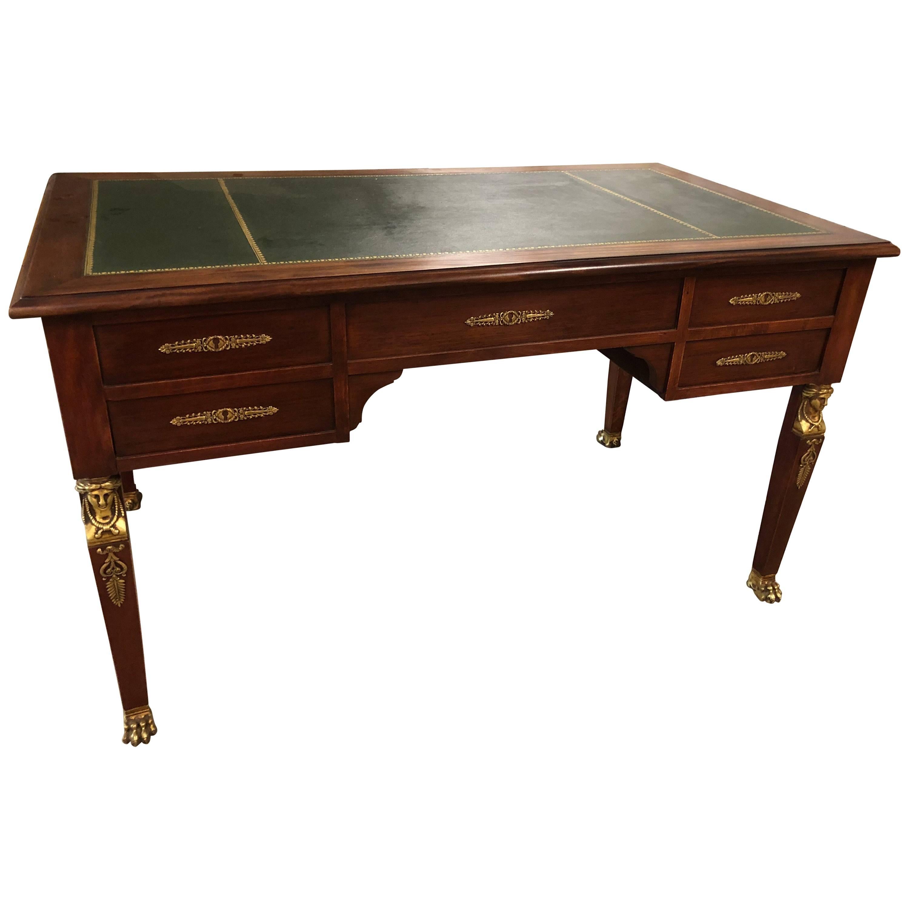 French Mahogany Leather Top Neoclassical Desk or Bureau Plat