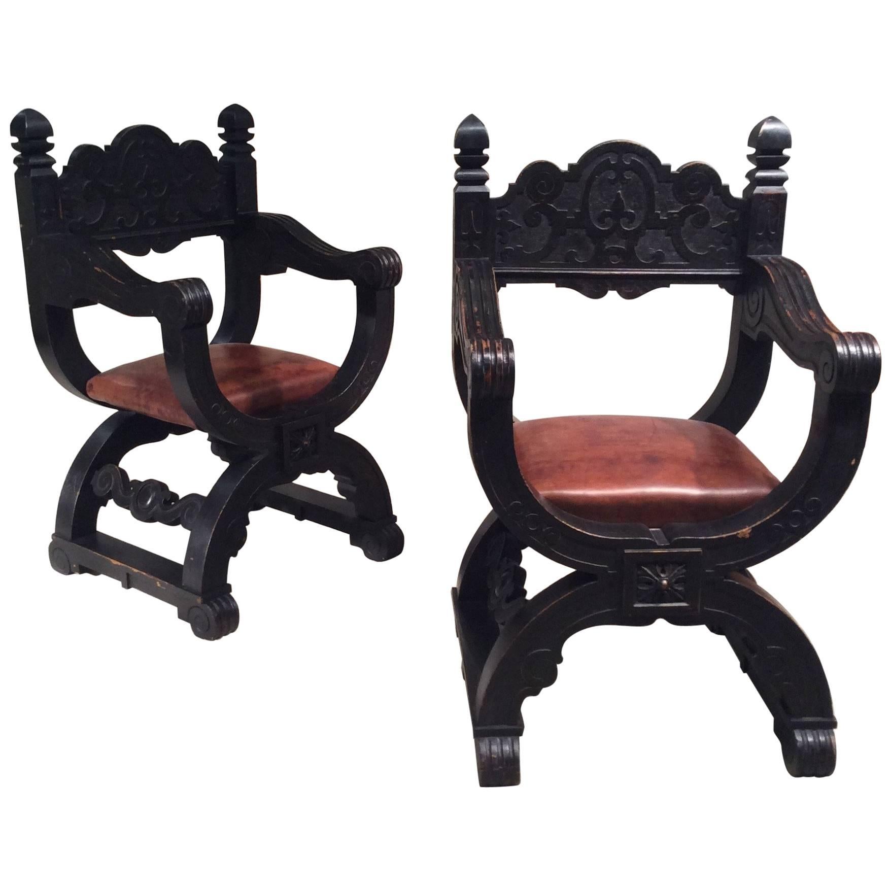 Late 19th Century, Pair of Oak Dagobert Black Patina 'Seats Armchairs Chairs' For Sale