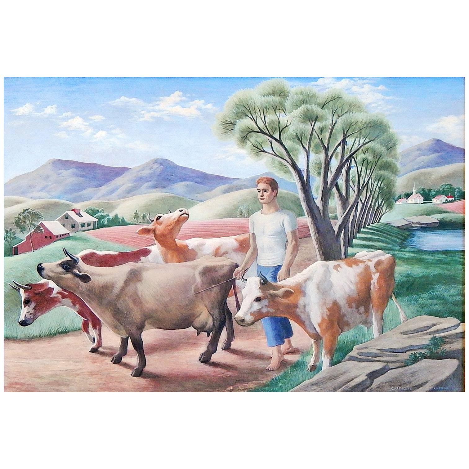 „Walking the Cows“ wichtiges sozial-realistisches Gemälde von Sternberg, 1944 im Angebot
