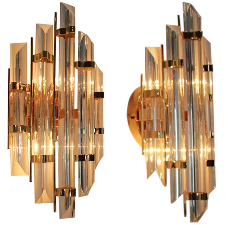 Glamorous Pair of Italian Brass and Glass Sconces