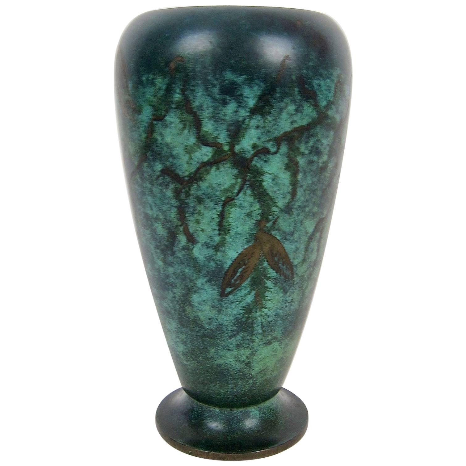 Art Deco WMF Ikora Verdigris Metal Vase with Engraved Leaves