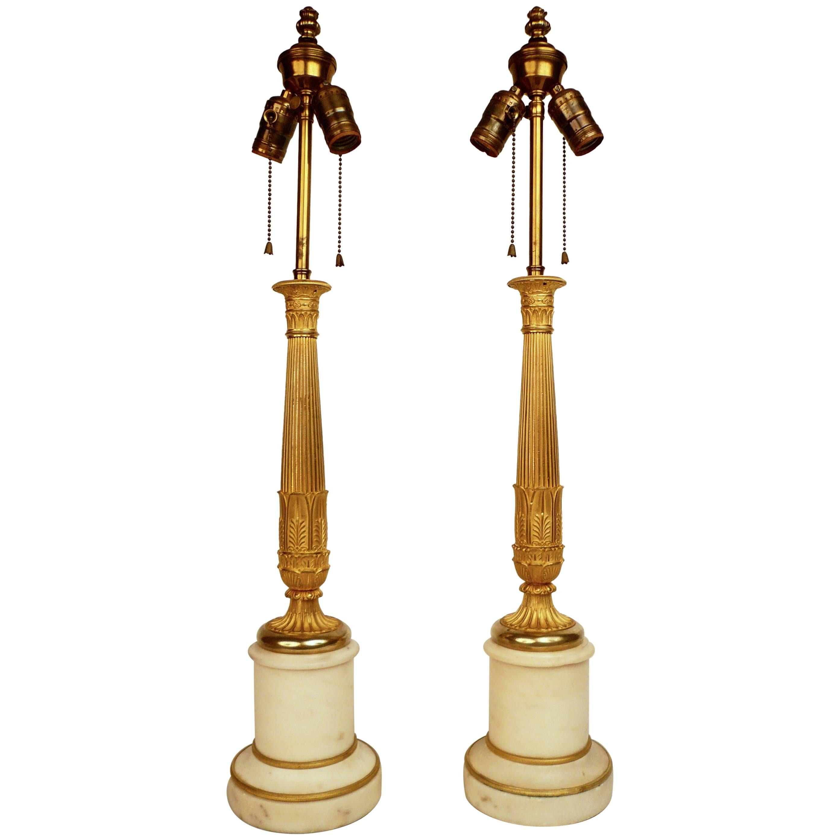Pair 19th Century French Empire Ormolu and Marble Columnar Form Lamp Bases