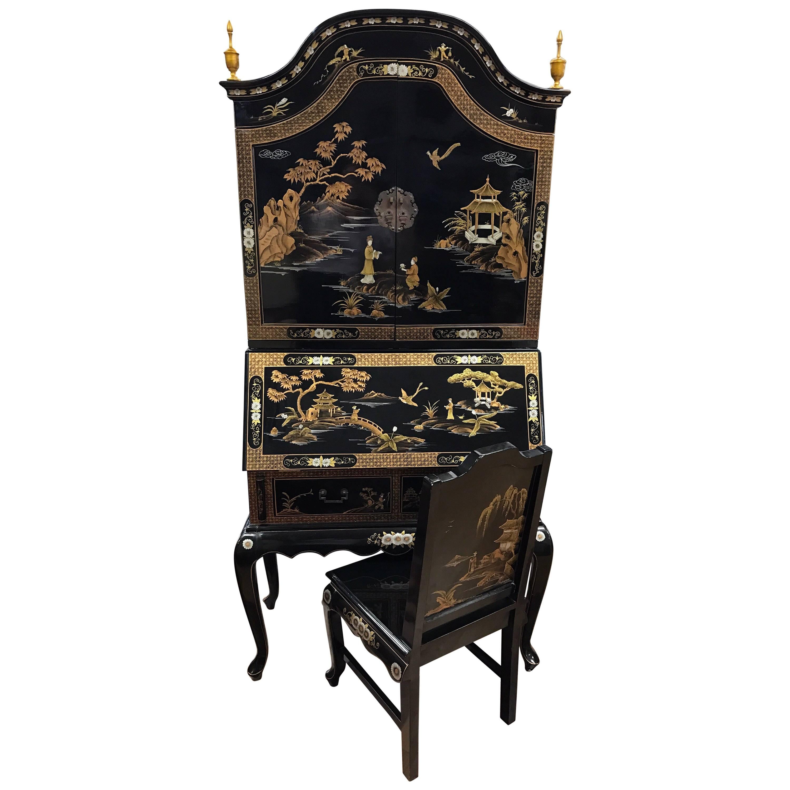 Black Laquered Asian Chinoiserie Secretary Secretaire Desk and Chair