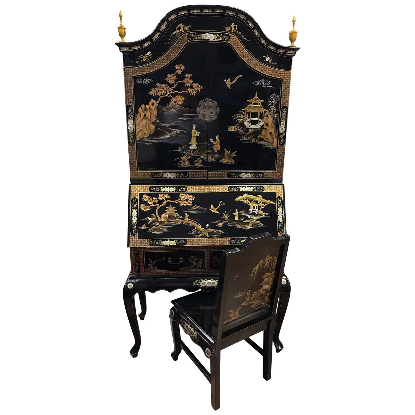 Black Laquered Asian Chinoiserie Secretary Secretaire Desk and Chair at ...