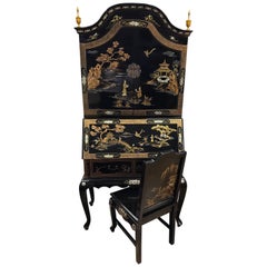 Vintage Black Laquered Asian Chinoiserie Secretary Secretaire Desk and Chair