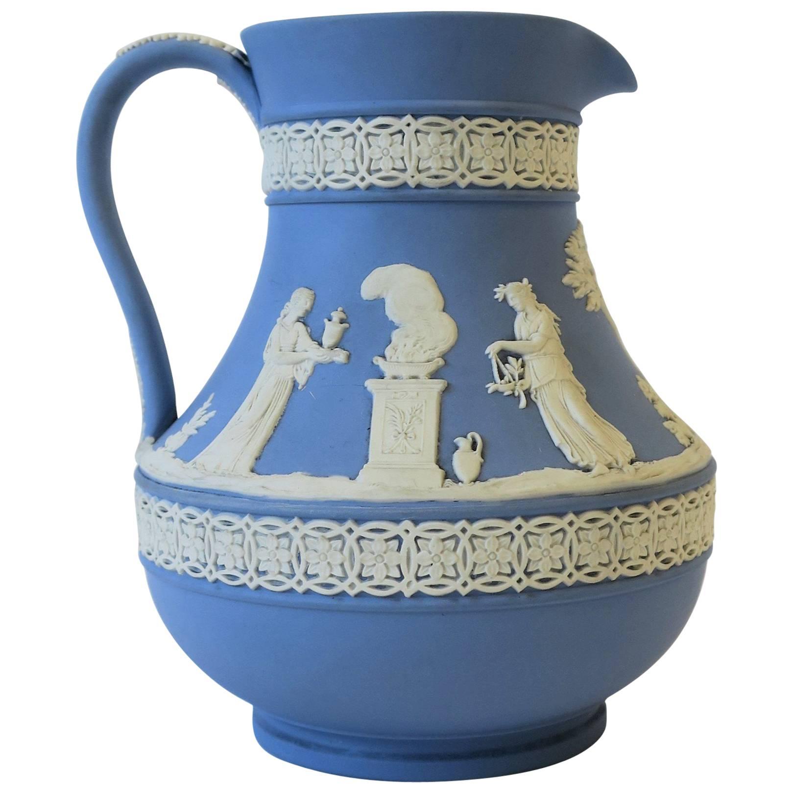 English Wedgwood Neoclassical Blue and White Jasperware Pitcher