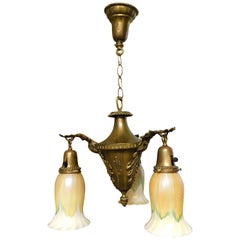 Antique Art Nouveau Chandelier with Quezal Shades