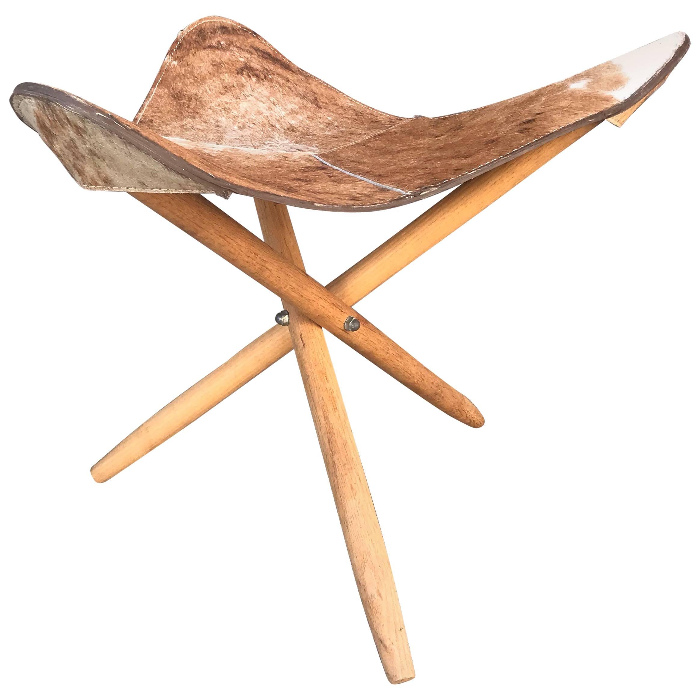Mid-Century Modern Tripod Stool with Cowhide