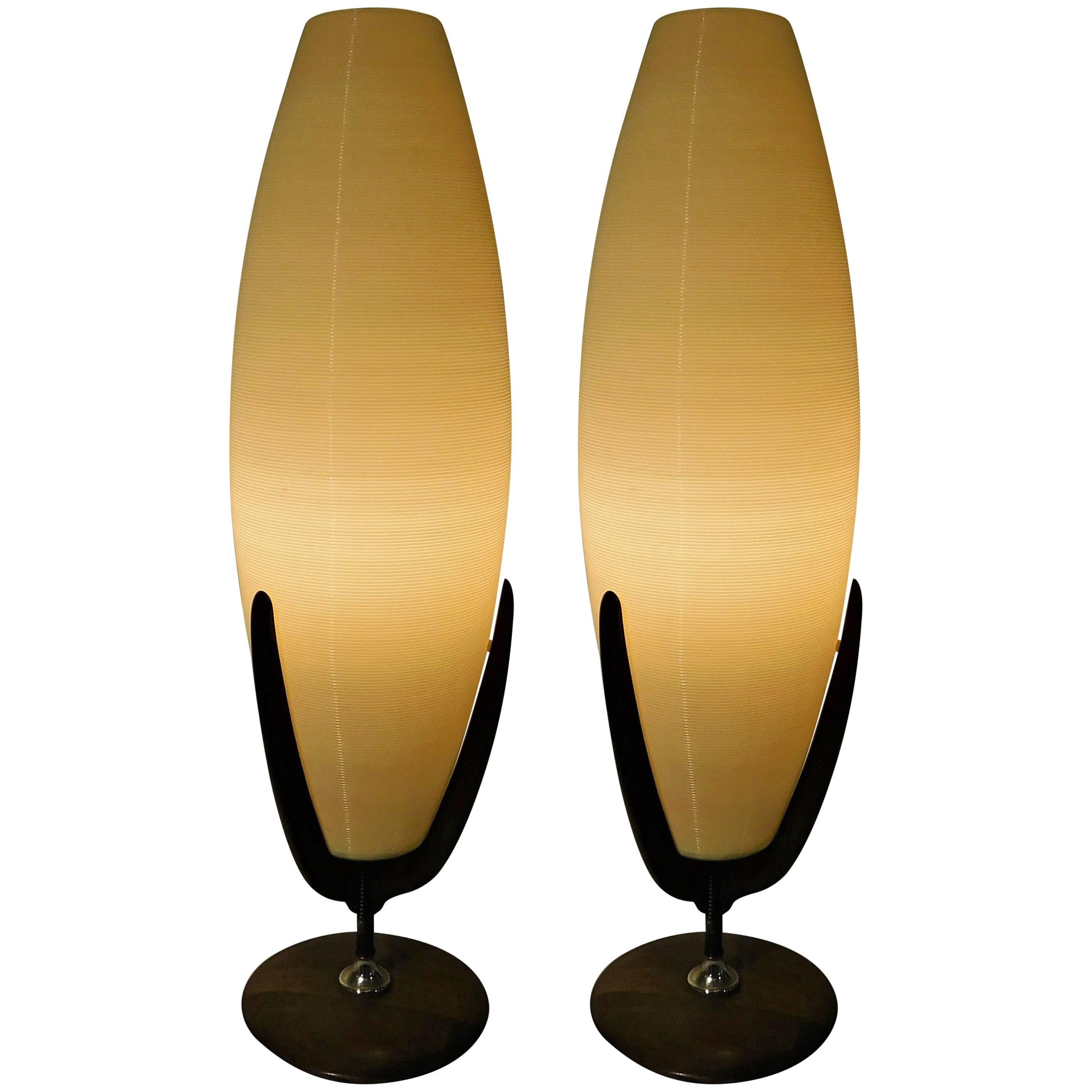 Pair of Mid-Century Modern Spun Fiberglass and Teak Atomic Lamps