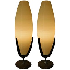 Pair of Mid-Century Modern Spun Fiberglass and Teak Atomic Lamps