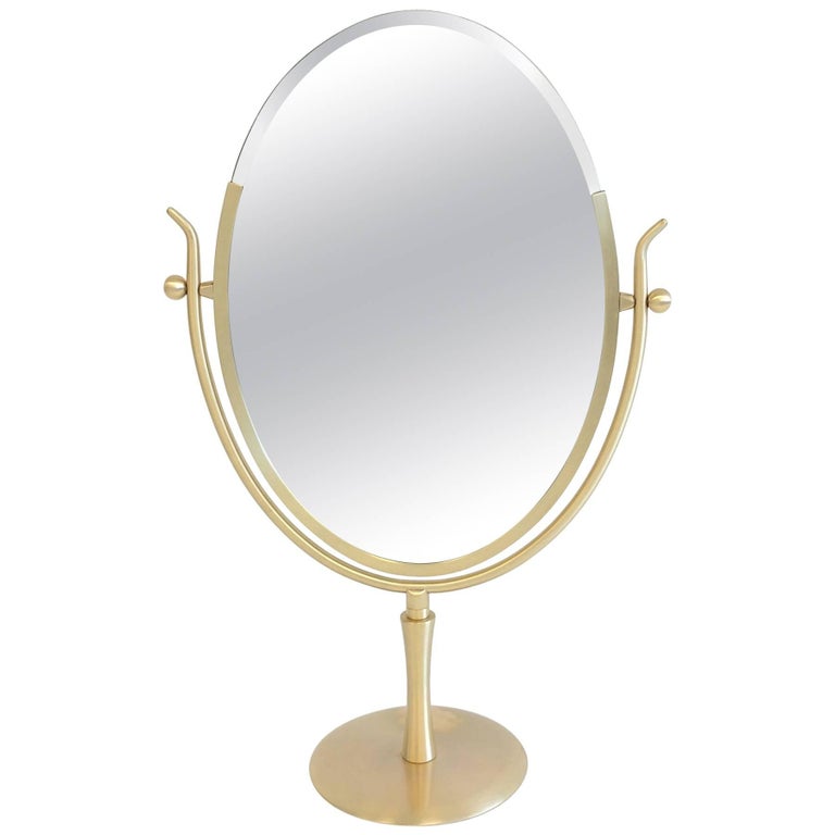 Satin Brass and Leather Vanity Mirror by Charles Hollis Jones at 1stDibs