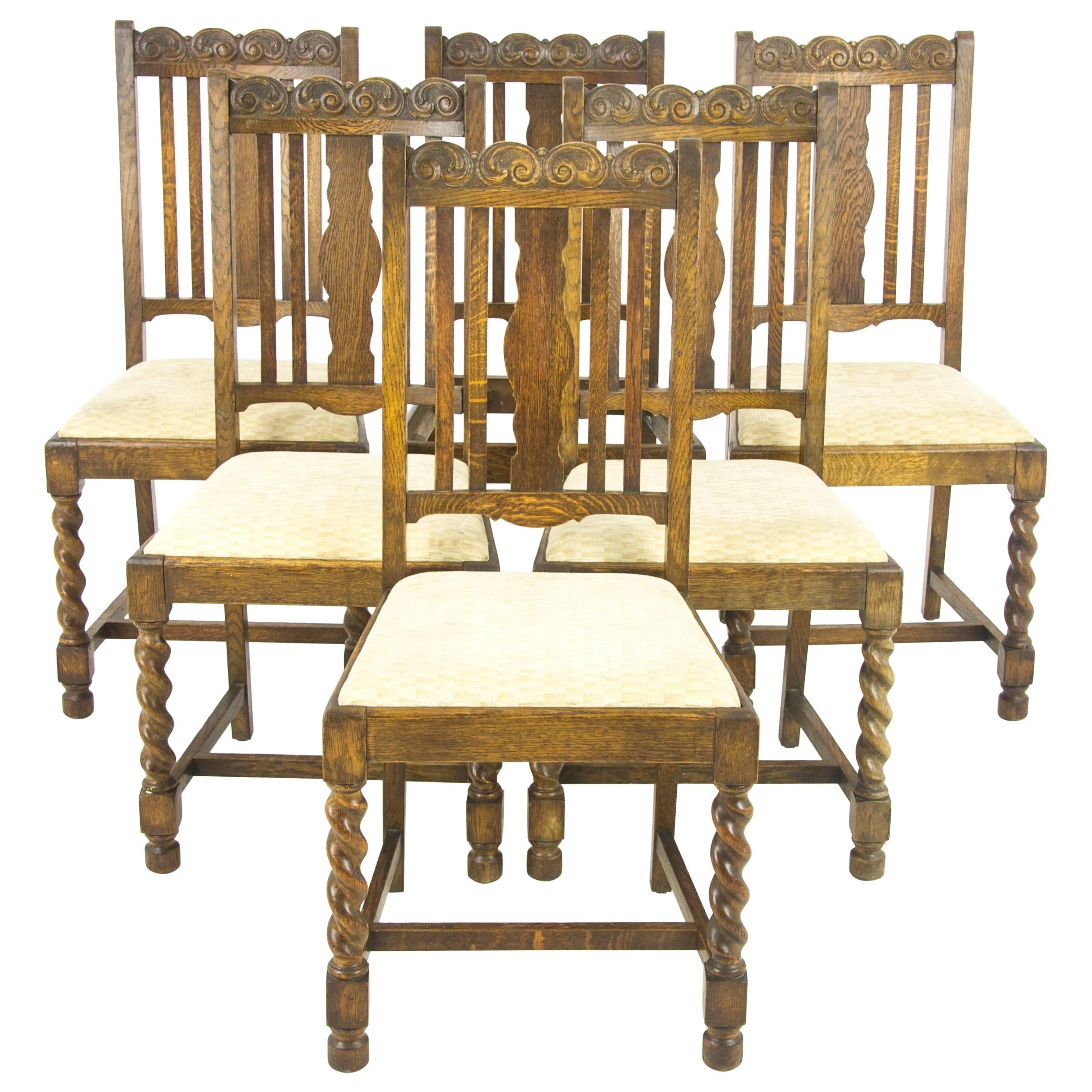 Antique Dining Chairs Six, Barley Twist Oak, Antique Furniture, Scotland, 1920s